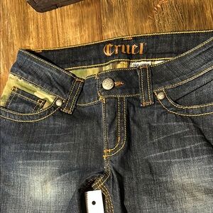 Blue Boot Cut Jeans with Contrast Stitching and Whiskering